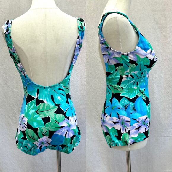 Maxine of Hollywood vintage 60s tropical flora one piece pin-up swimsuit size 12 - Picture 3 of 16